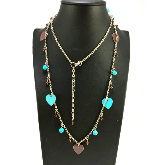 Vintage Enamel Heart and Glass Bead Necklace Turquoise and Brown Silver Tone - Picture 1 of 1